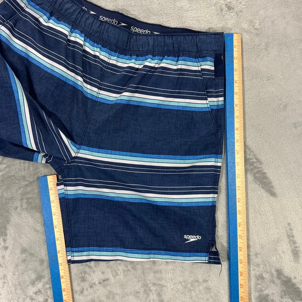 SPEEDO Swim Trunks Mens Large Blue Striped Board Shorts 7778275 Stretch